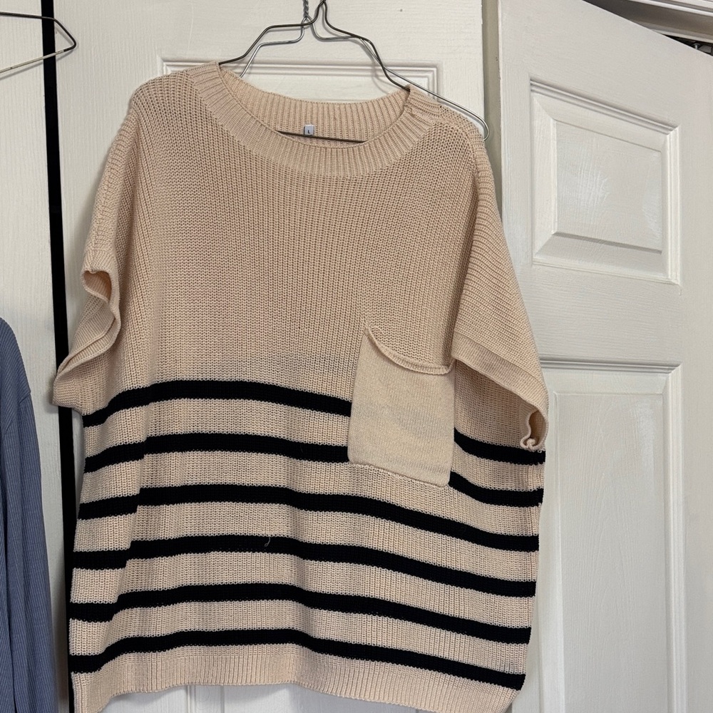Cream and Black Striped Knit Sweater - Women's Casual Pocket Sweater